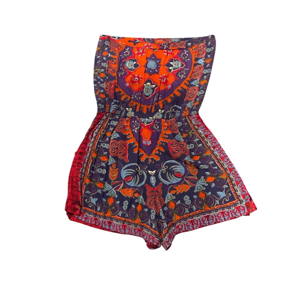 Angie Strapless Romper XL Purple Orange Medallion Print Rayon Boho Chic Festival - Picture 2 of 7